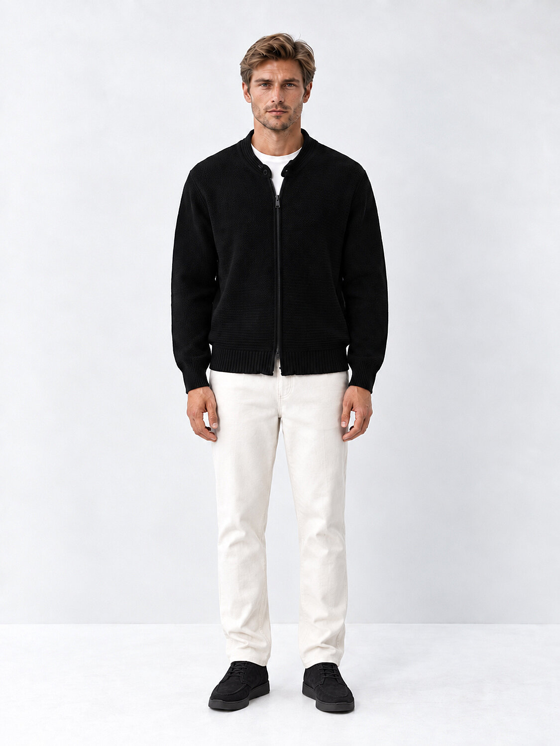 Siyah Regular Fit Bisiklet Yaka Hırka - 2