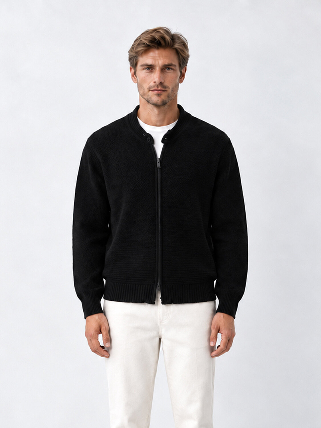 Siyah Regular Fit Bisiklet Yaka Hırka - 1