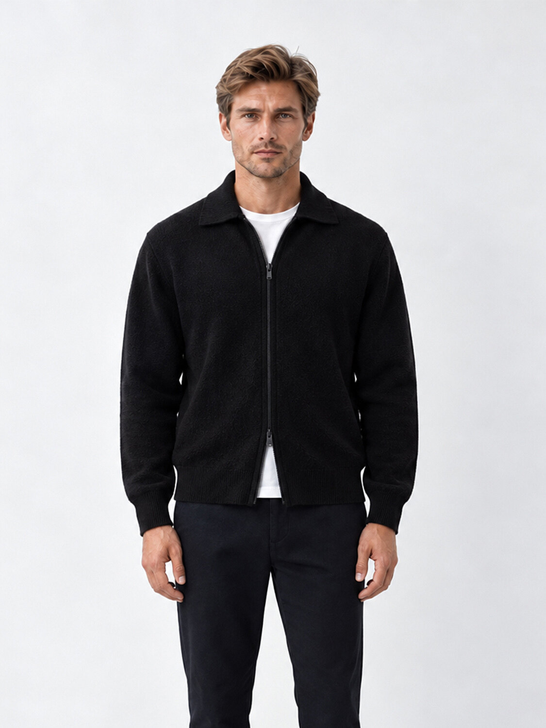 Siyah Regular Fit Polo Yaka Hırka - 1