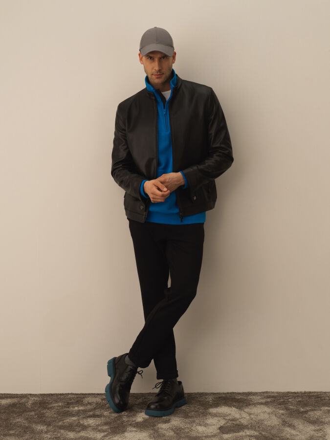 Siyah Regular Fit Hakim Yaka Deri Görünümlü Mont - 2