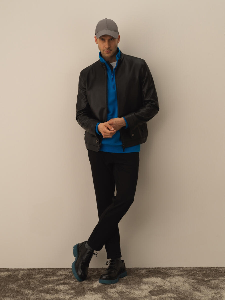 Siyah Deri Görünümlü Regular Fit Mont - 2