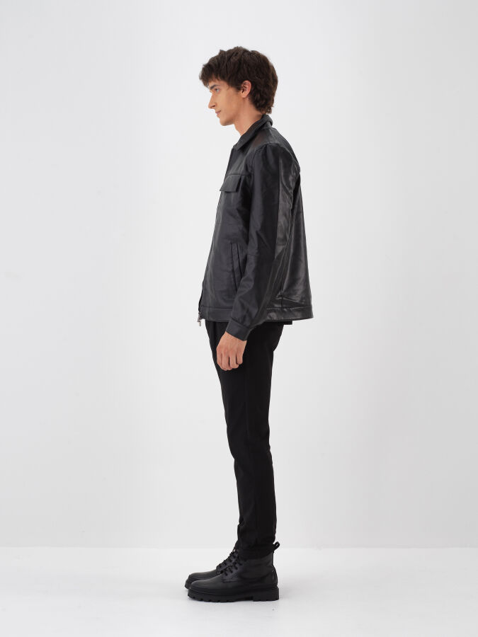 Siyah Regular Fit Deri Görünümlü Mont - 3
