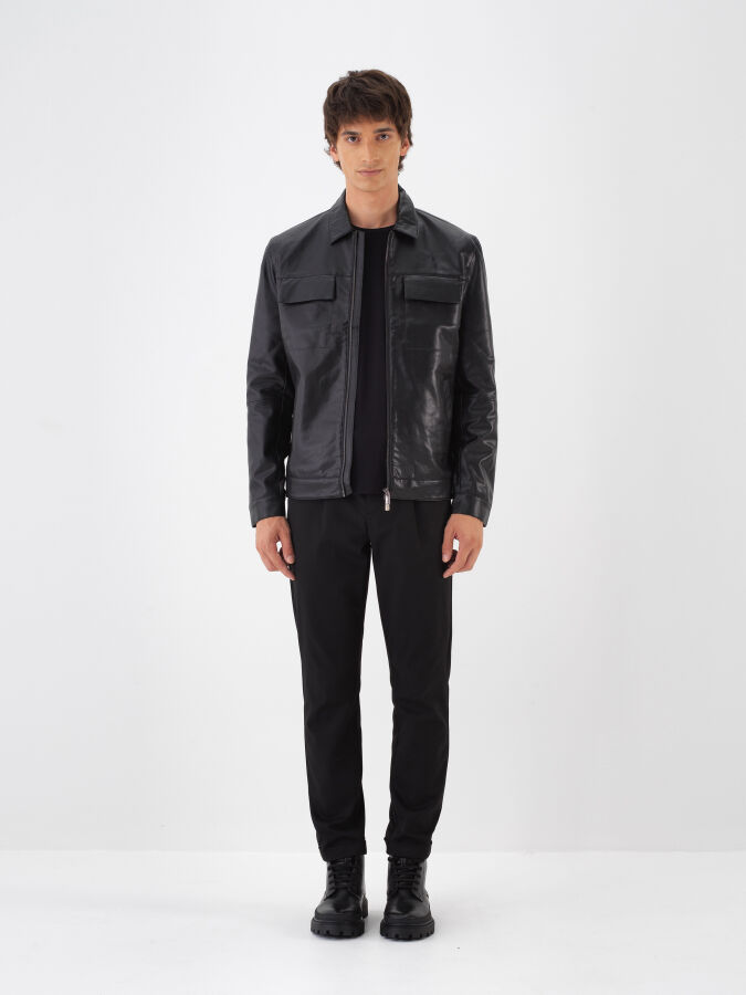 Siyah Regular Fit Deri Görünümlü Mont - 2