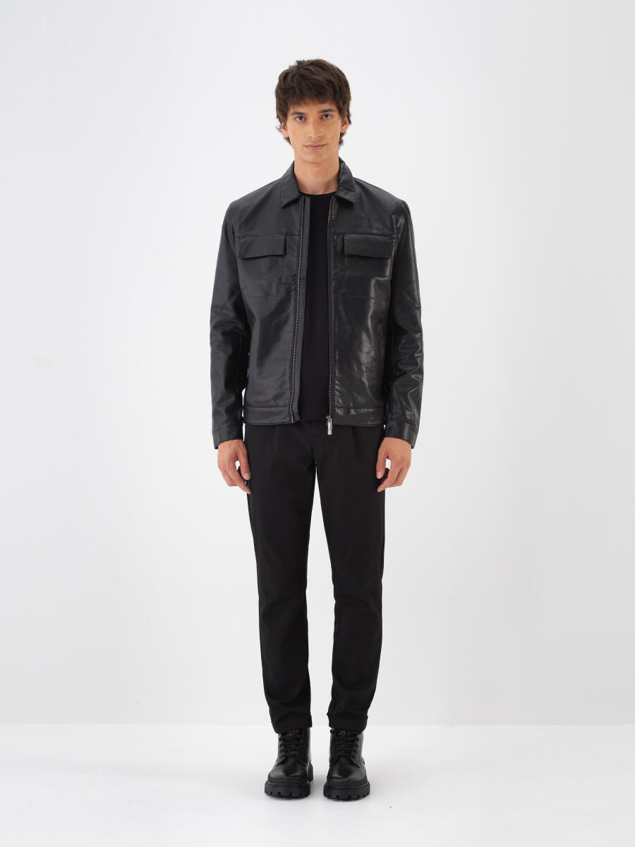 Siyah Deri Görünümlü Regular Fit Mont