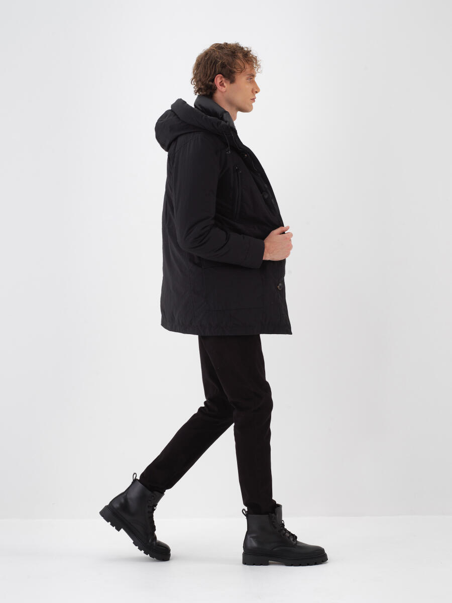 Siyah Regular Fit Kapüşonlu Mont - 4