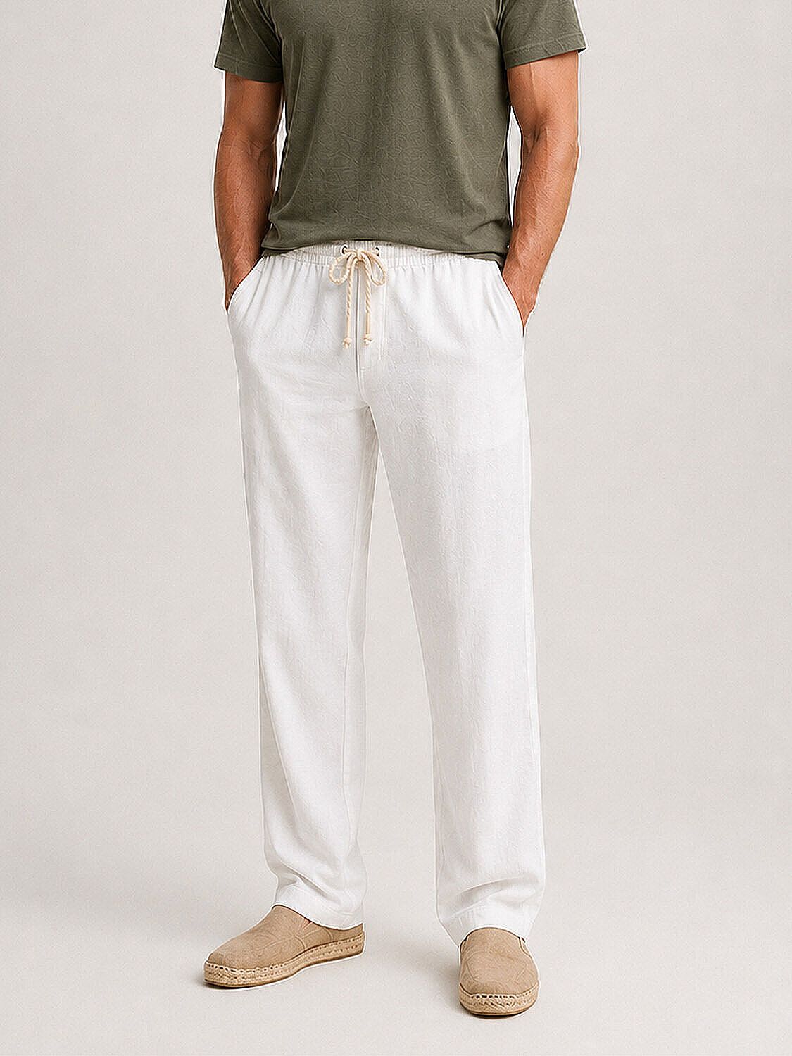 Beyaz Pamuk Dokulu Regular Fit Pantolon (1)