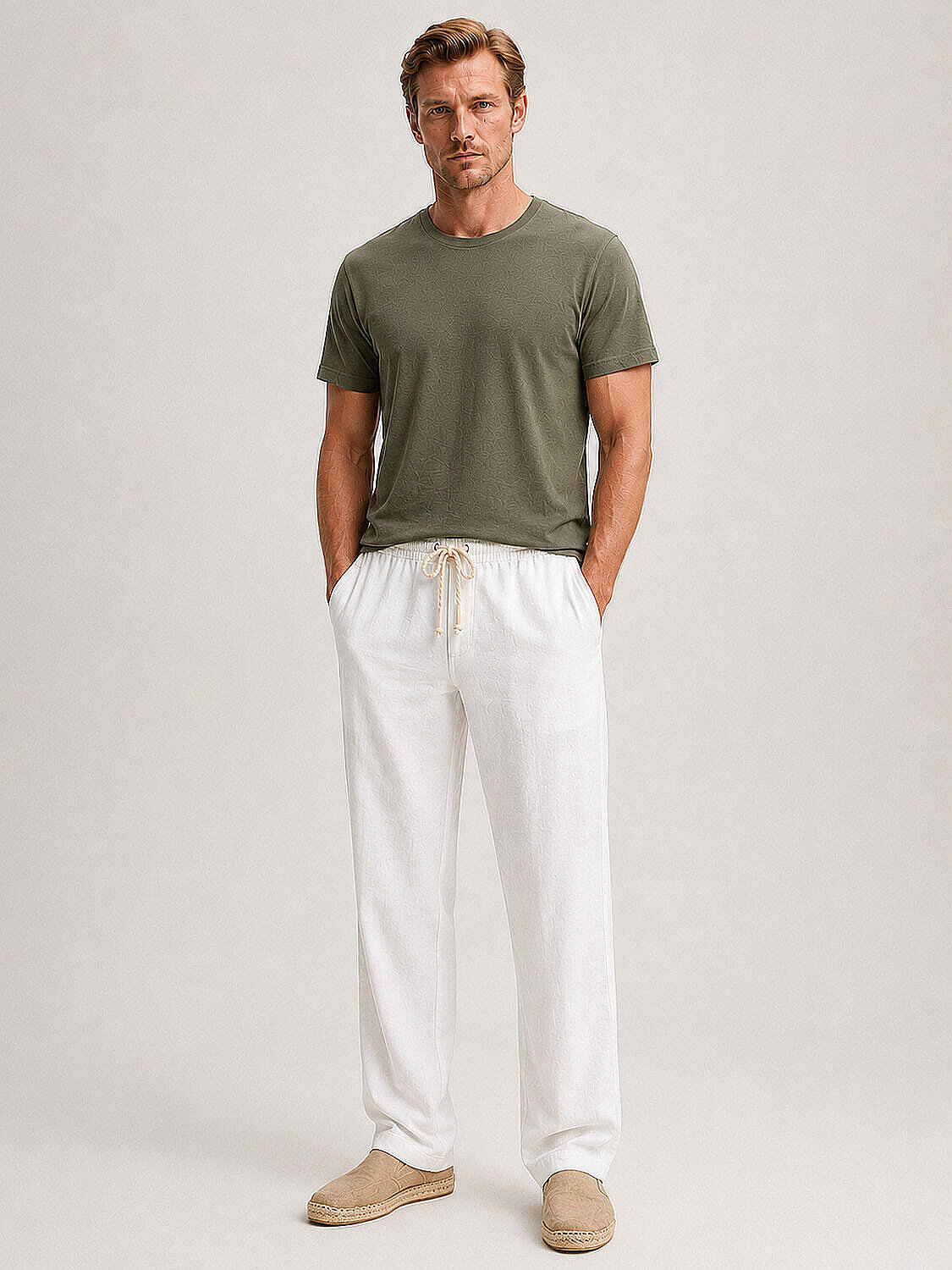 Beyaz Pamuk Dokulu Regular Fit Pantolon (2)