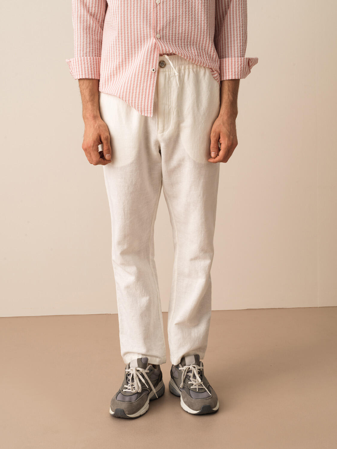 Kırık Beyaz %100 Keten Regular Fit Pantolon