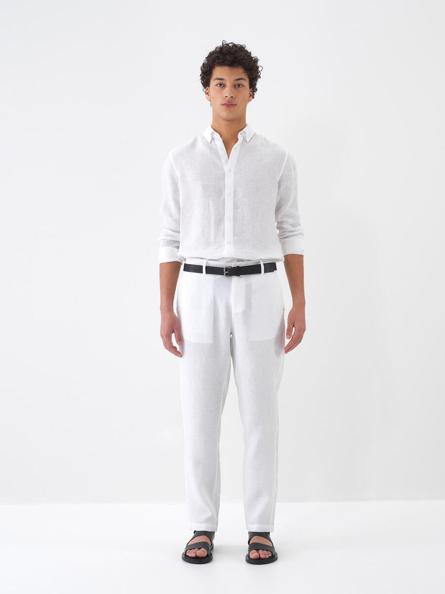 Beyaz %100 Keten Regular Fit Pantolon - 1