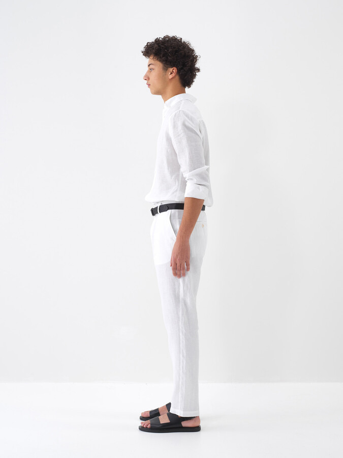 Beyaz %100 Keten Regular Fit Pantolon (4)