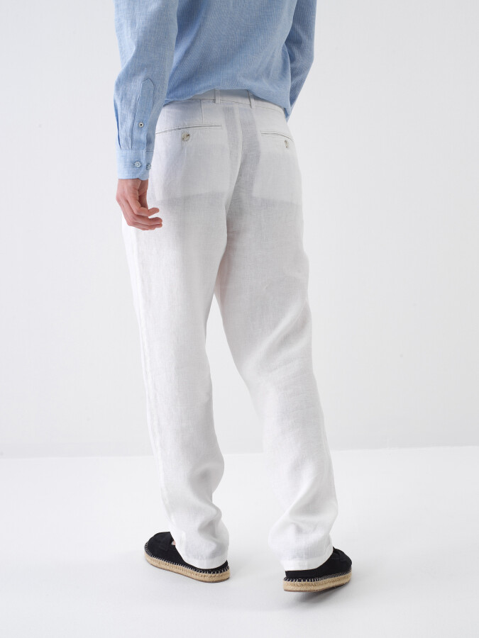Beyaz %100 Keten Regular Fit Pantolon - 4