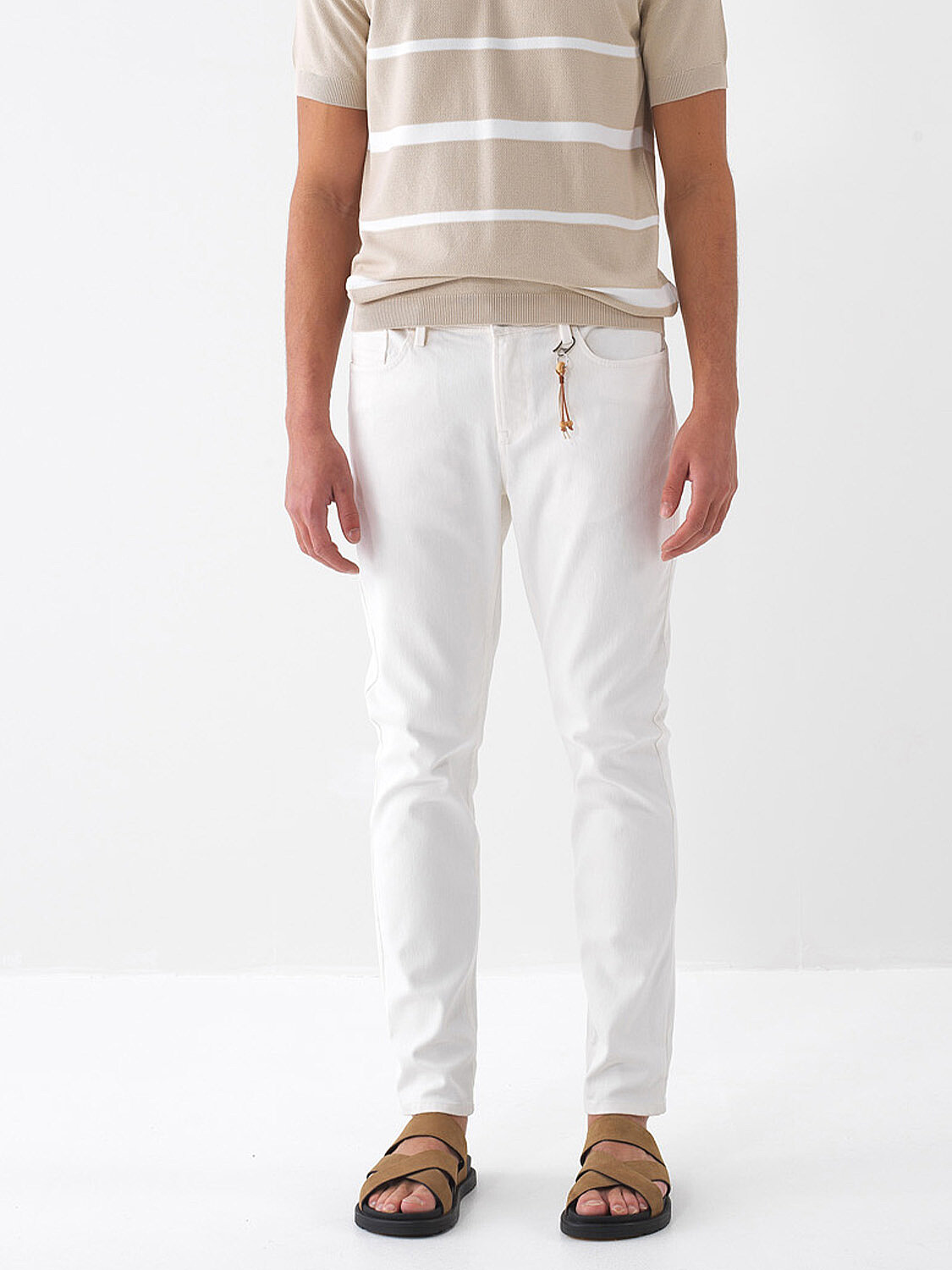 Ekru Pamuk Dokulu Slim Fit Pantolon