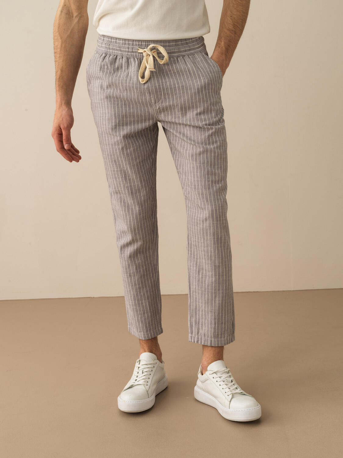 Gri Keten Karışımlı Regular Fit Pantolon
