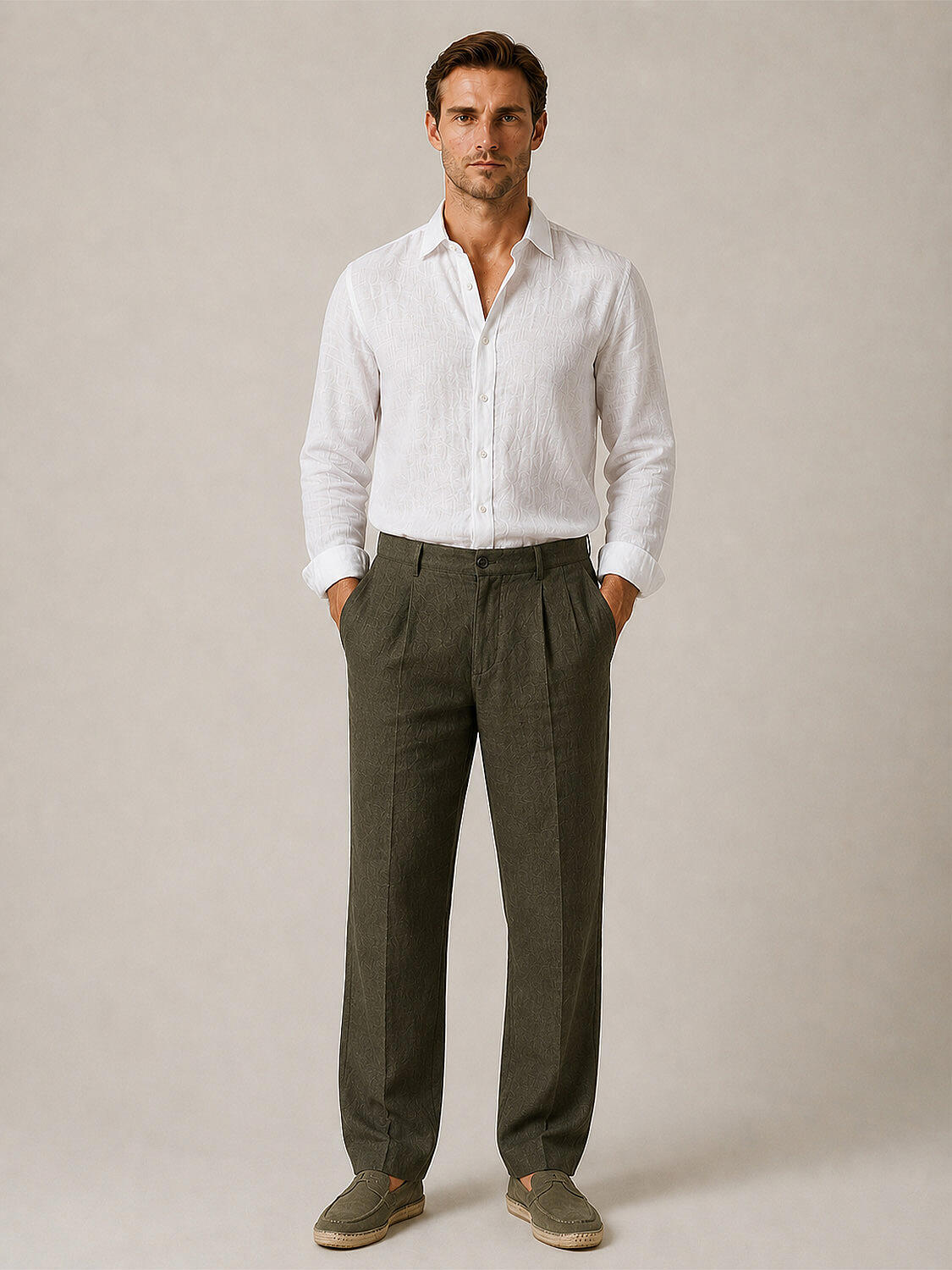 Haki %100 Keten Regular Fit Pantolon - 2