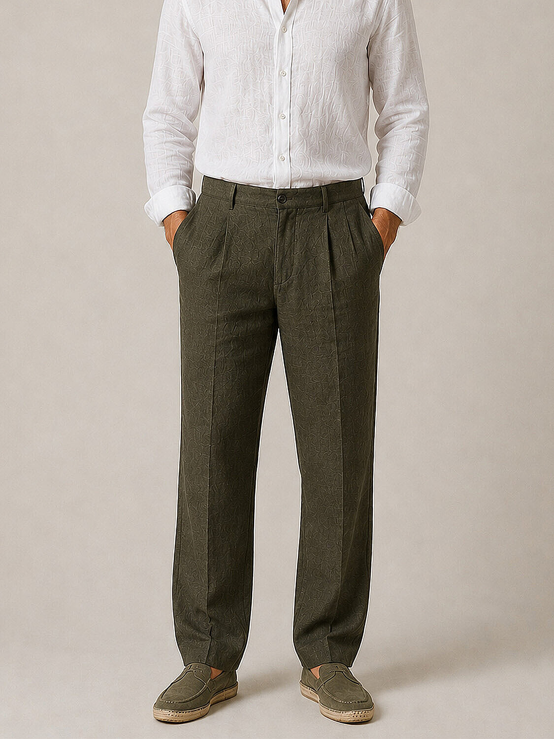 Haki %100 Keten Regular Fit Pantolon (1)