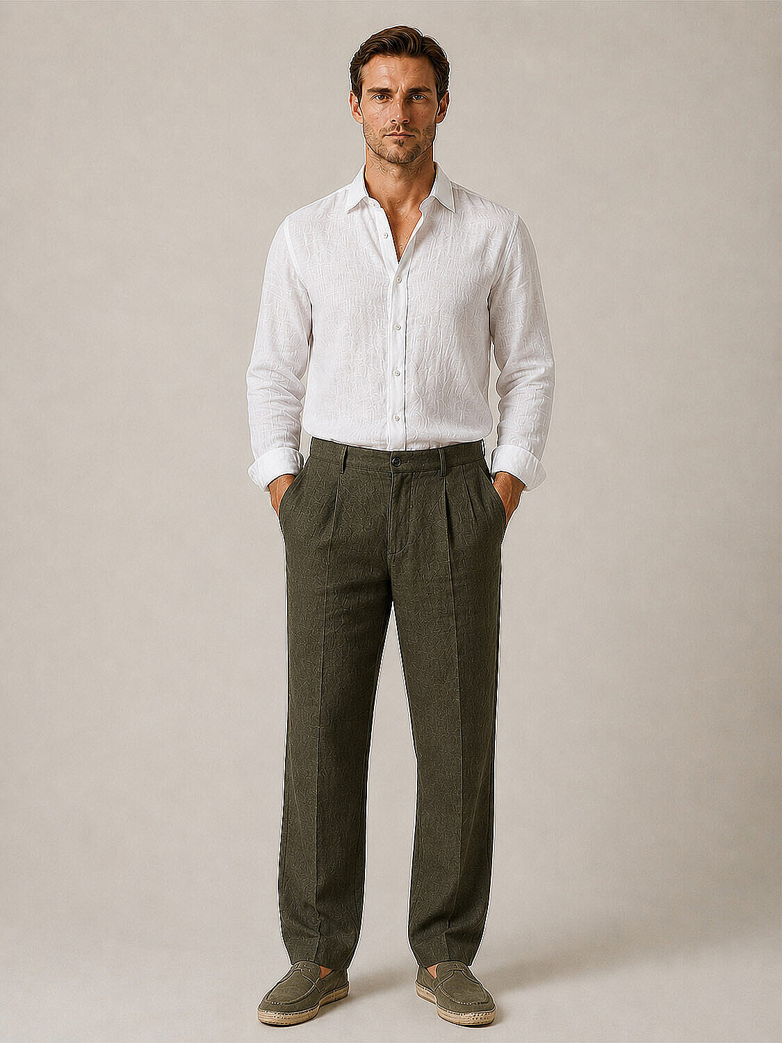 Haki %100 Keten Regular Fit Pantolon (2)