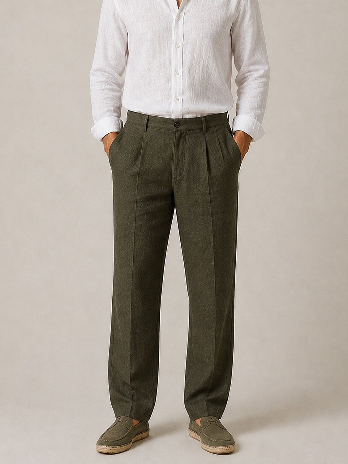 Haki %100 Keten Regular Fit Pantolon