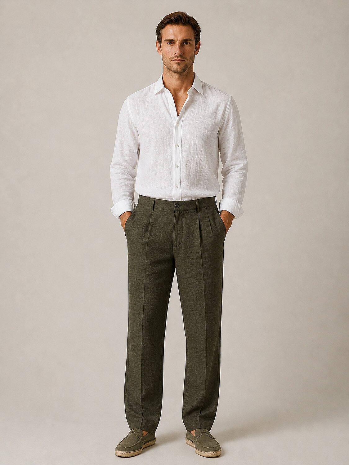 Haki %100 Keten Regular Fit Pantolon (1)