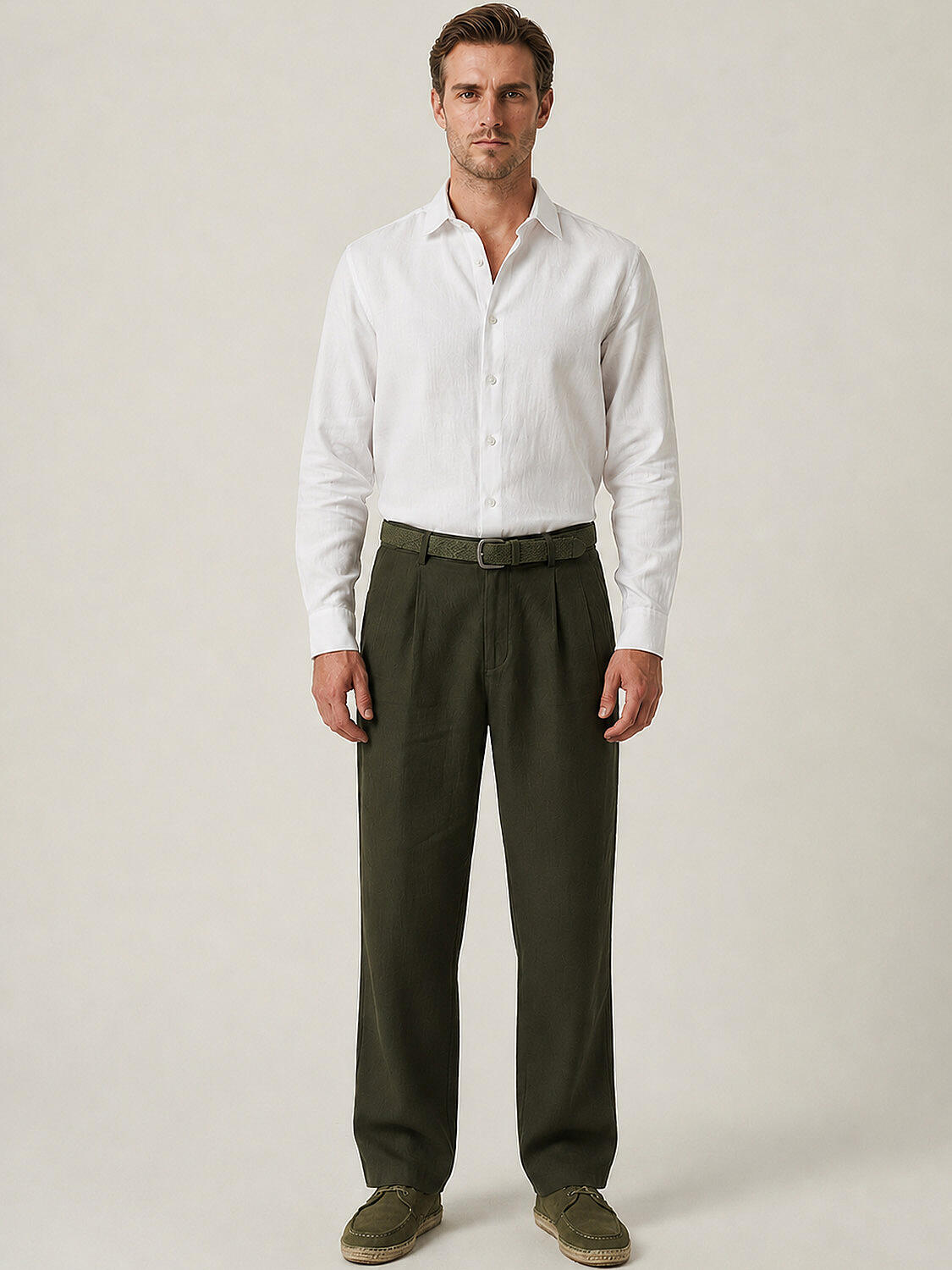 Haki Keten Karışımlı Regular Fit Pantolon - 2
