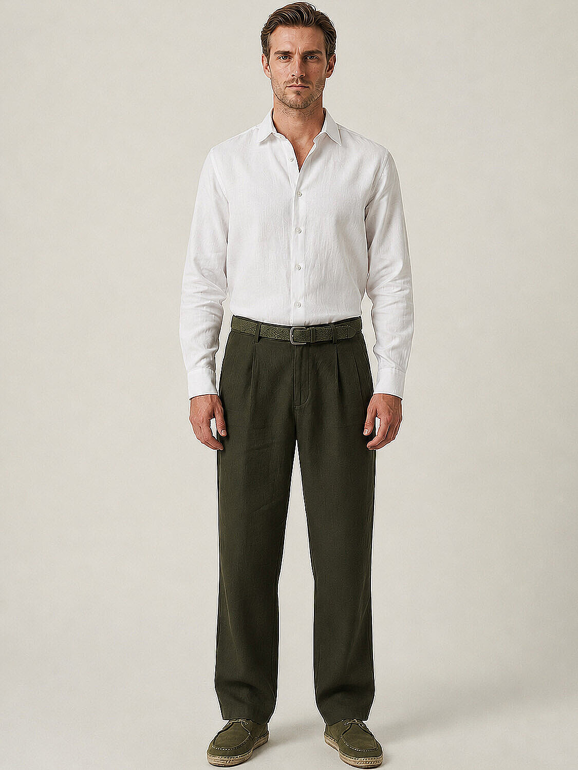 Haki Keten Karışımlı Regular Fit Pantolon (2)