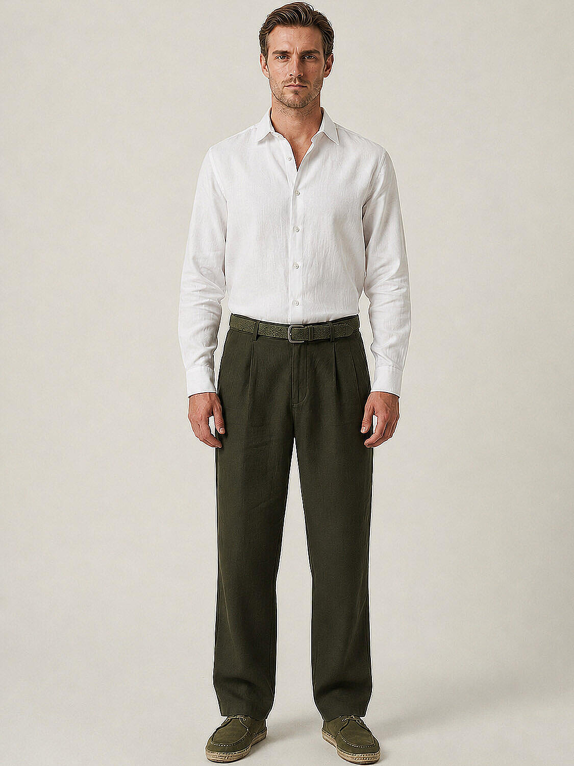 Haki Keten Karışımlı Regular Fit Pantolon (2)