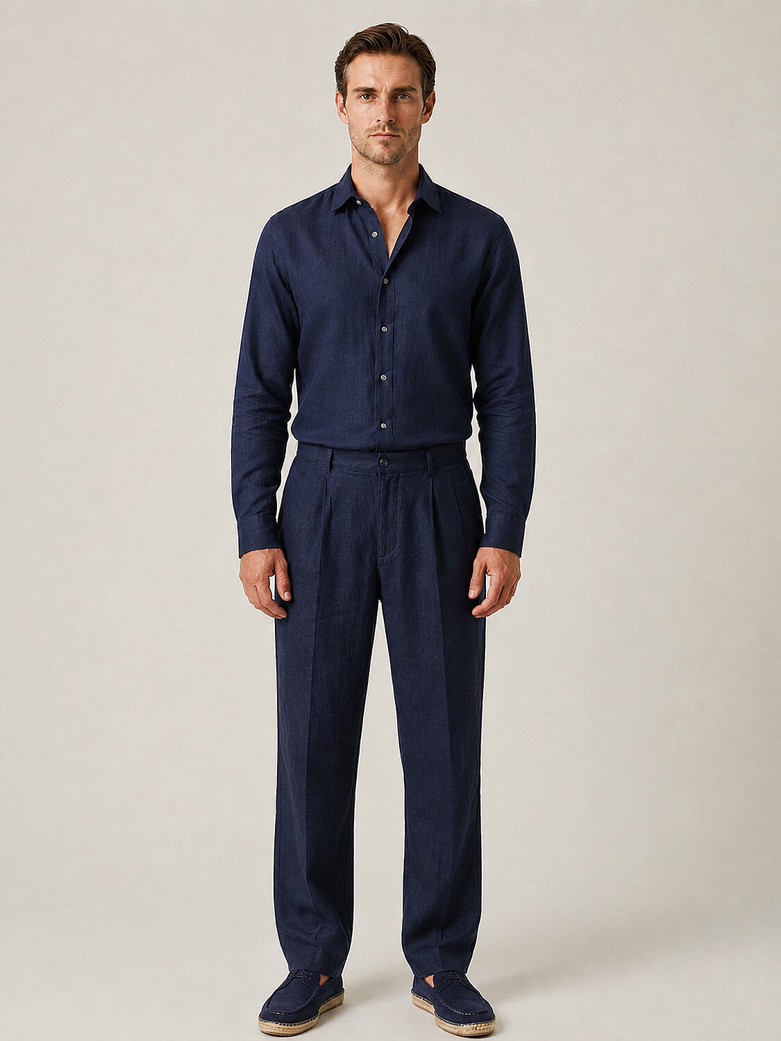 Lacivert %100 Keten Regular Fit Pantolon (1)