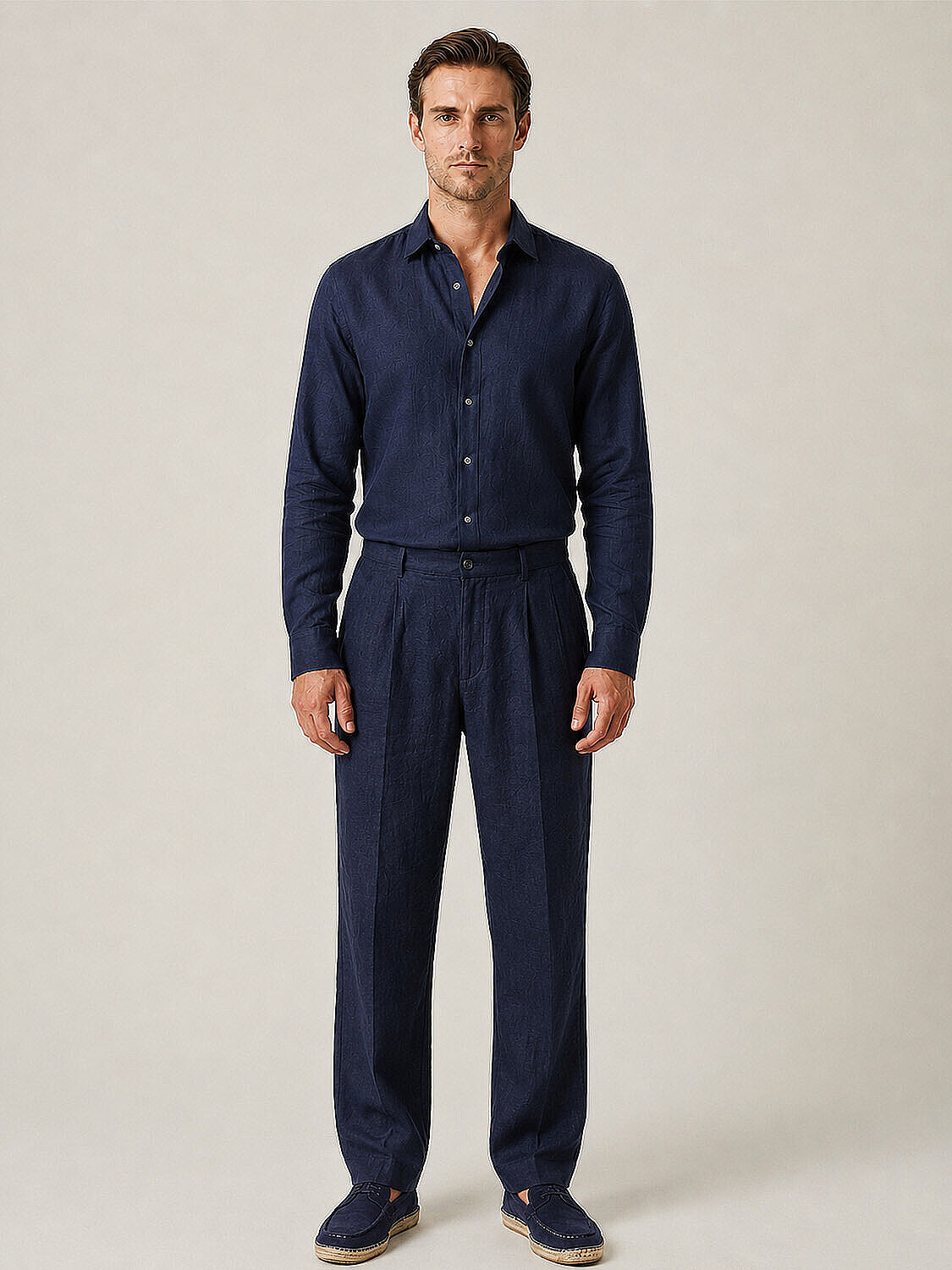 Lacivert %100 Keten Regular Fit Pantolon (2)