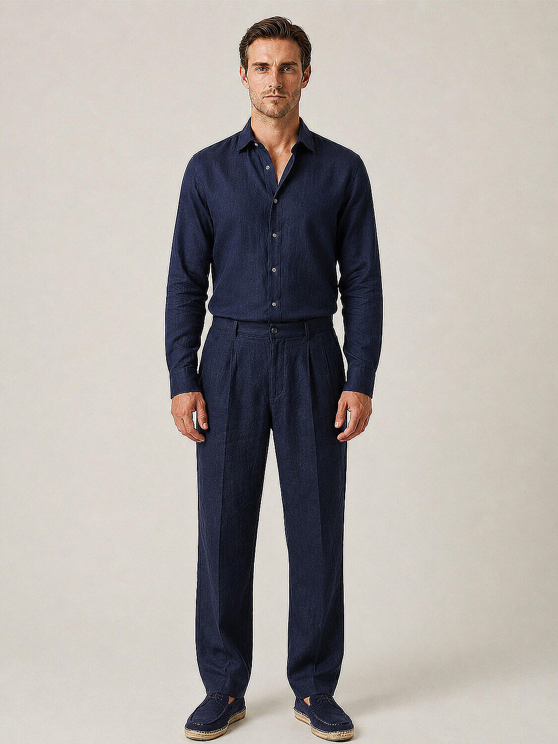 Lacivert %100 Keten Regular Fit Pantolon - 1