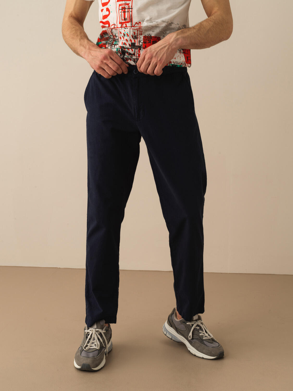 Lacivert Keten Karışımlı Regular Fit Pantolon
