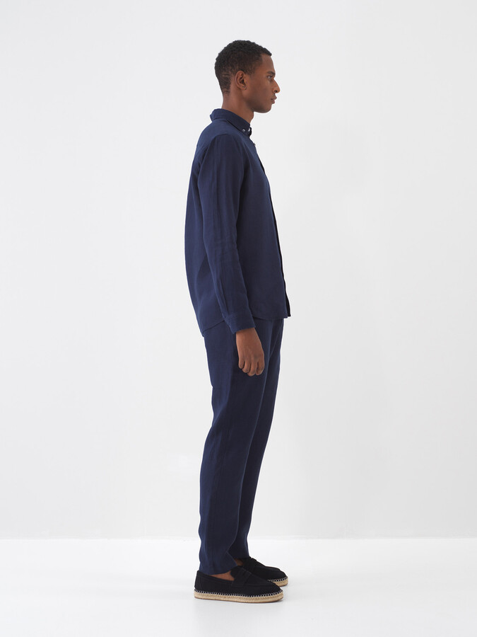 Lacivert %100 Keten Regular Fit Pantolon - 3