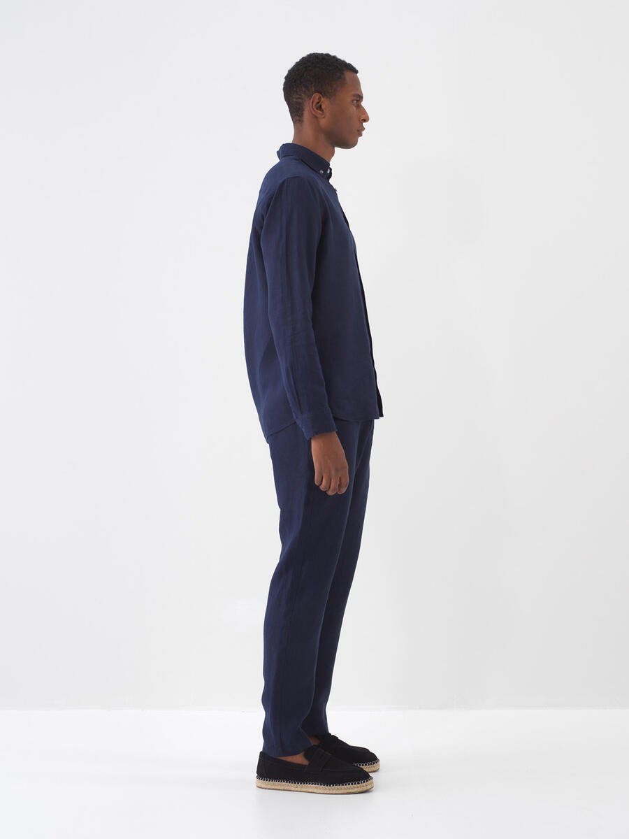 Lacivert %100 Keten Regular Fit Pantolon - 3