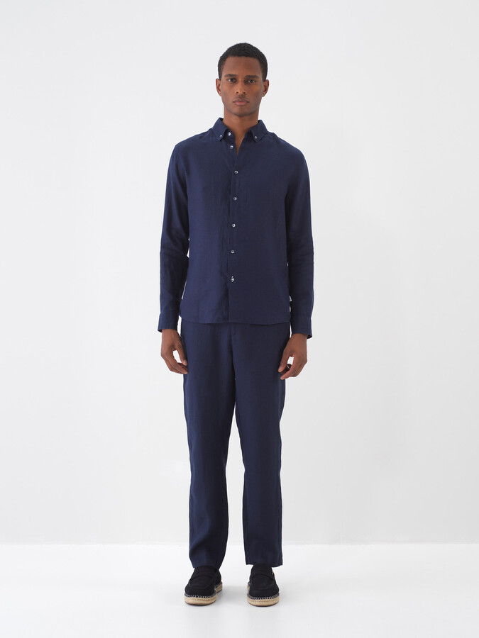 Lacivert %100 Keten Regular Fit Pantolon (1)