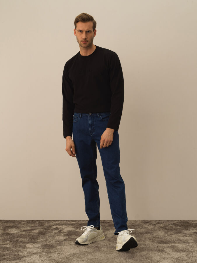 Mavi Pamuk Dokulu Slim Fit Pantolon - Xint