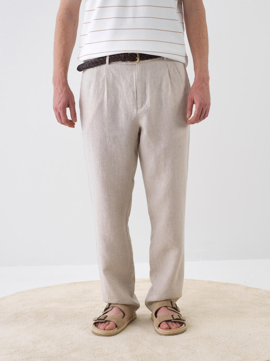 Naturel %100 Keten Regular Fit Pantolon - 1