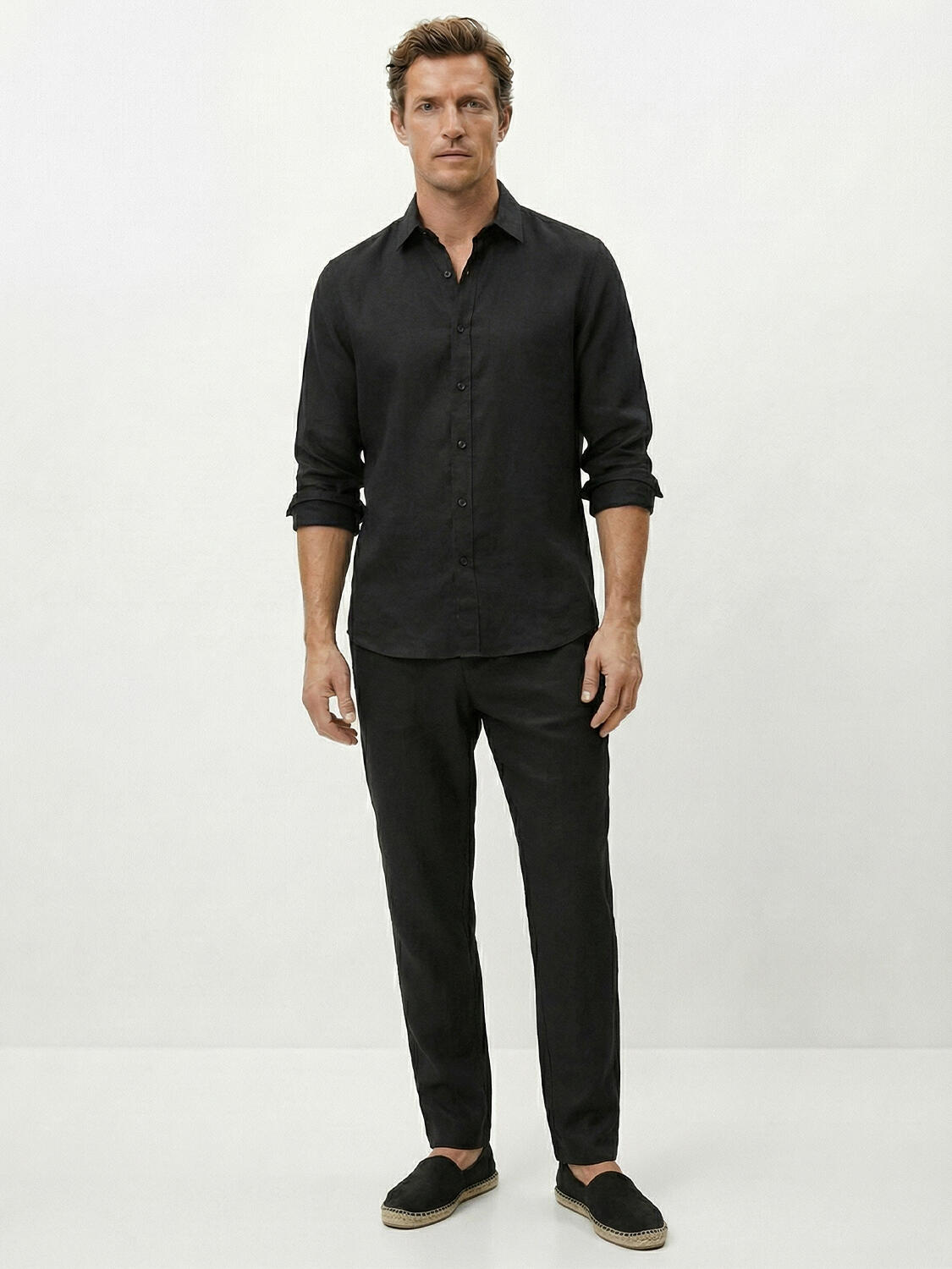 Siyah %100 Keten Regular Fit Pantolon - 2