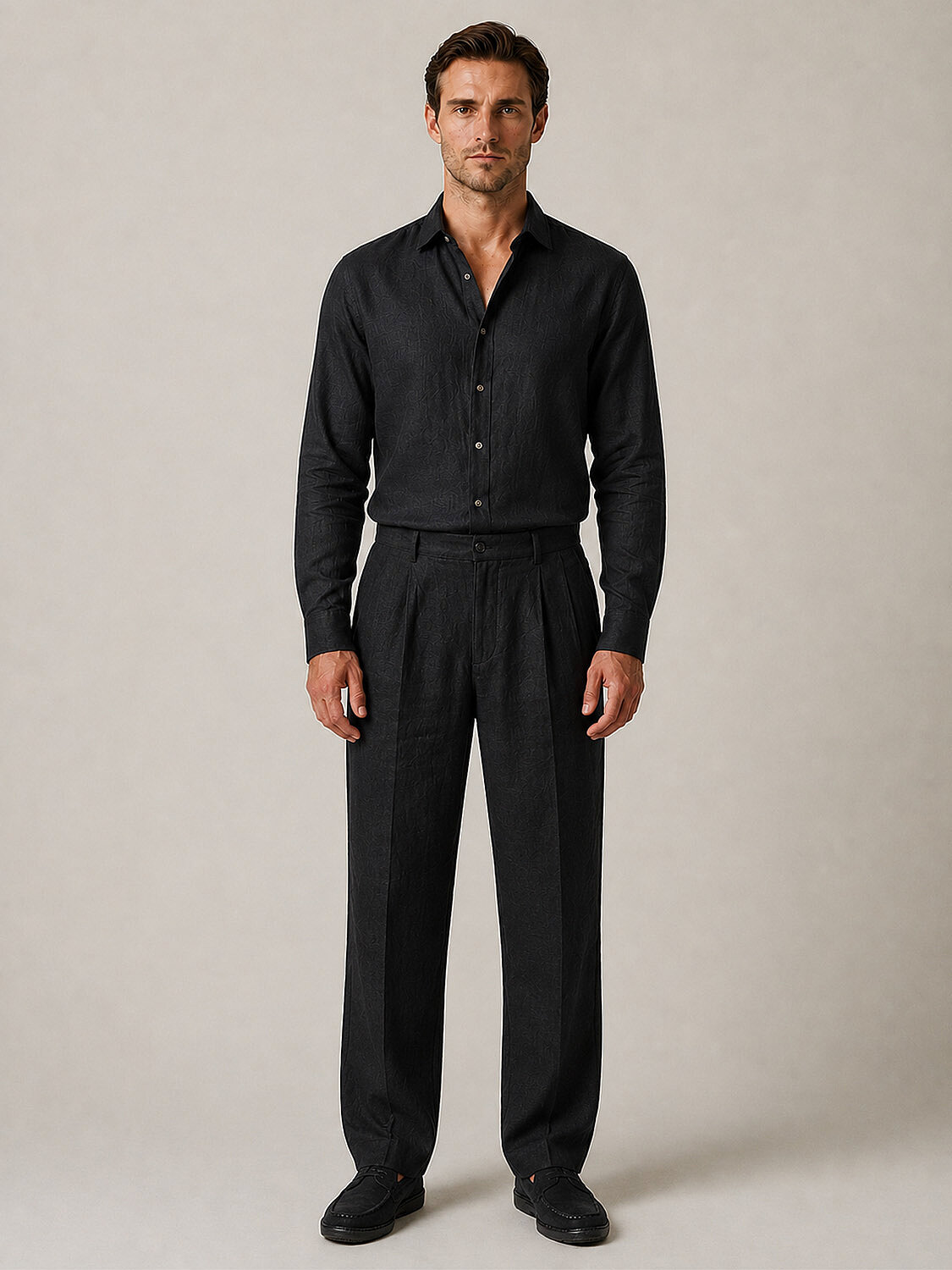 Siyah %100 Keten Regular Fit Pantolon (1)