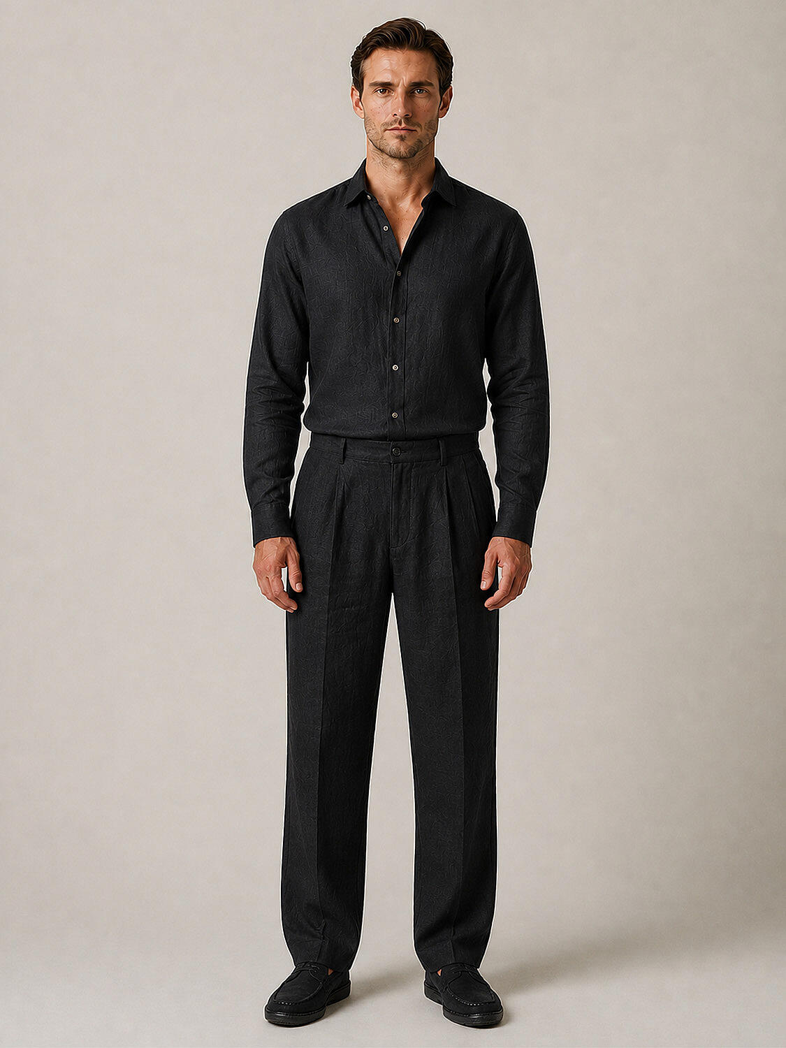 Siyah %100 Keten Regular Fit Pantolon - 2