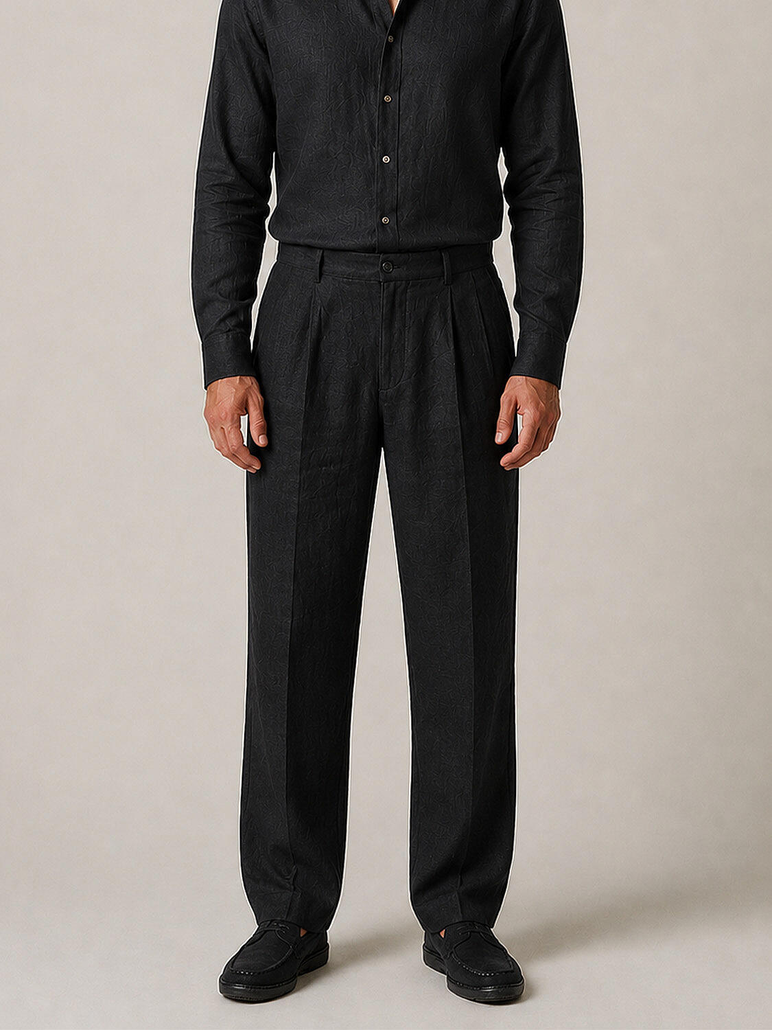 Siyah %100 Keten Regular Fit Pantolon - 1