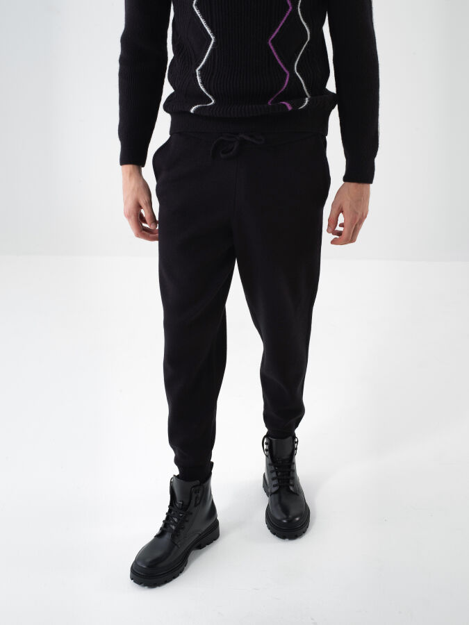 Siyah Doğal Yün Dokulu Regular Fit Pantolon - Xint