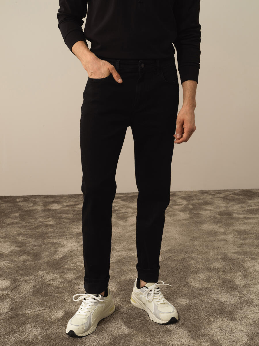 Siyah Slim Fit Pamuklu Denim Pantolon - 1