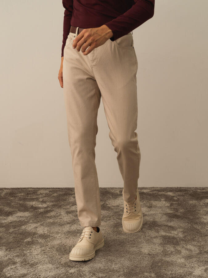 Xint Toptan Bej Pamuk Dokulu Slim Fit Pantolon