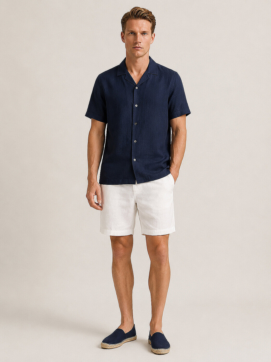 Beyaz %100 Keten Regular Fit Şort (1)