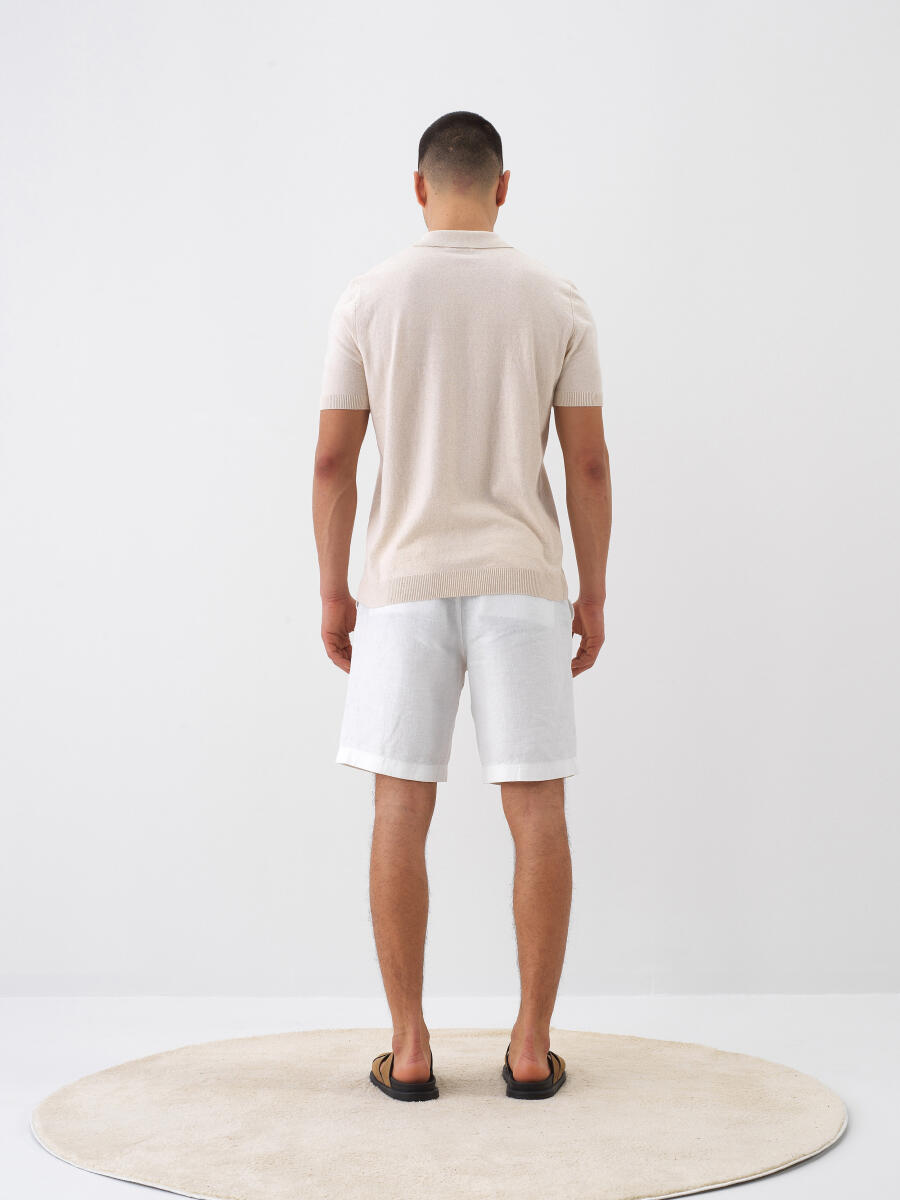 Beyaz %100 Keten Regular Fit Şort - 5