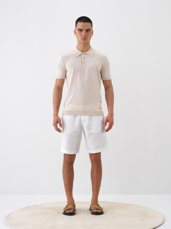 Beyaz %100 Keten Regular Fit Şort (1)