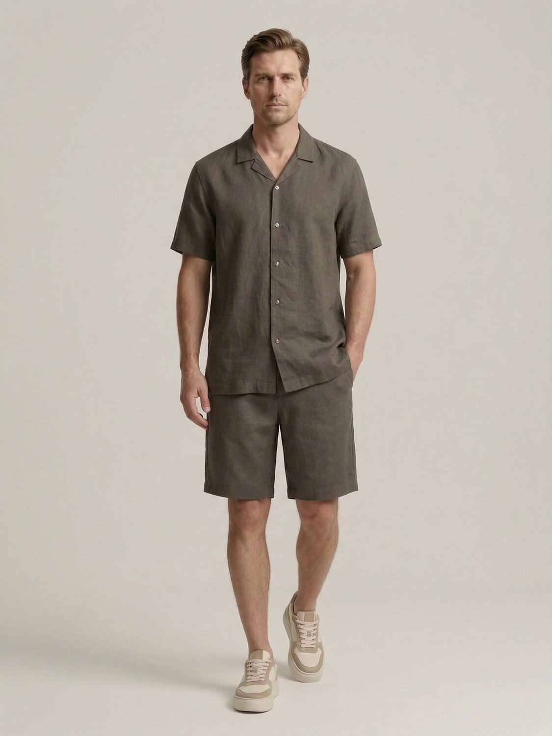 Haki %100 Keten Regular Fit Şort (1)