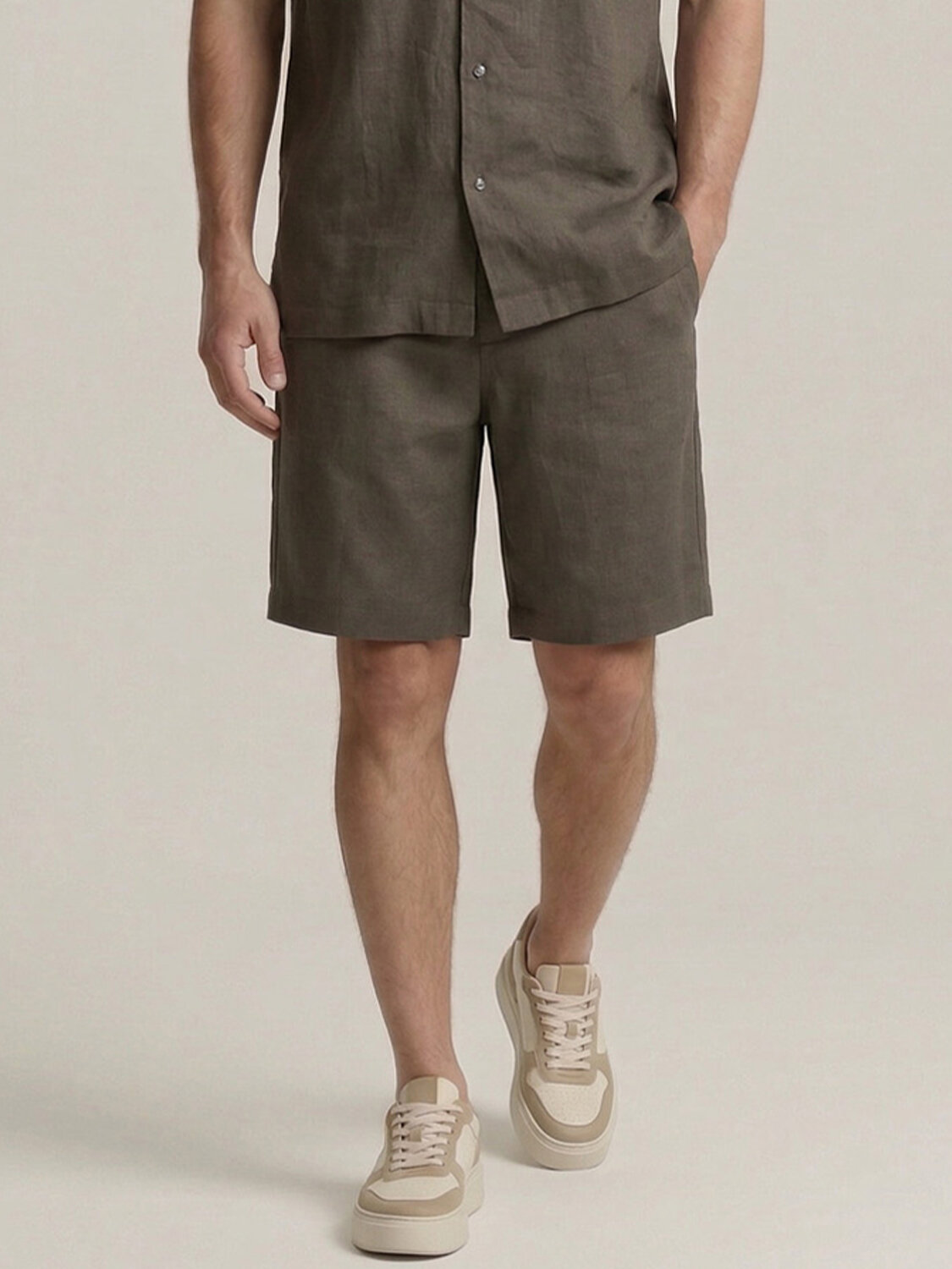 Haki %100 Keten Regular Fit Şort