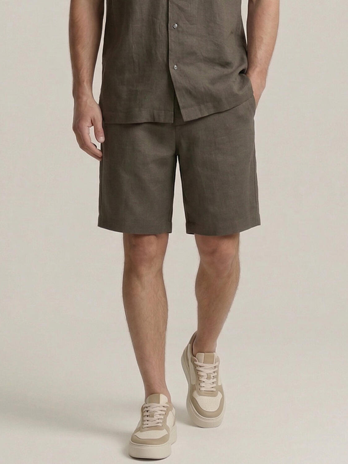 Haki %100 Keten Regular Fit Şort - 1