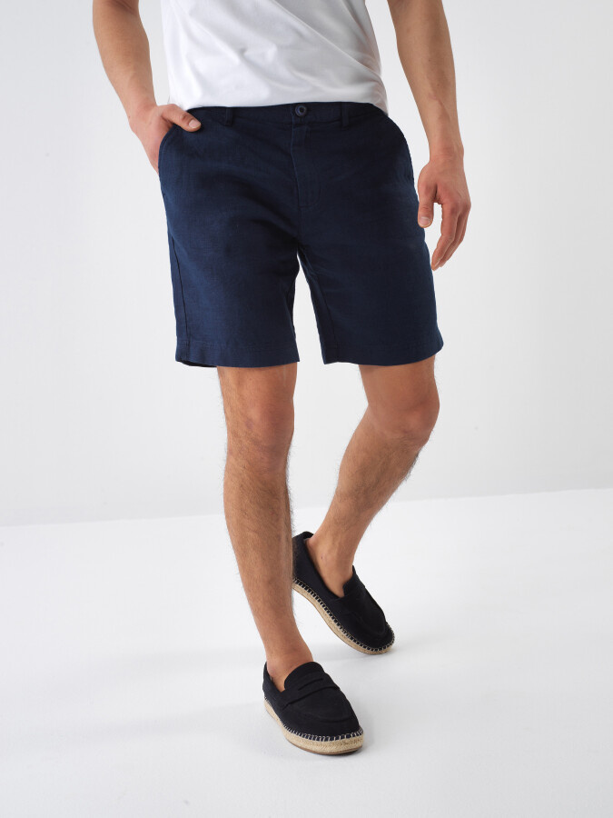 Lacivert %100 Keten Regular Fit Şort