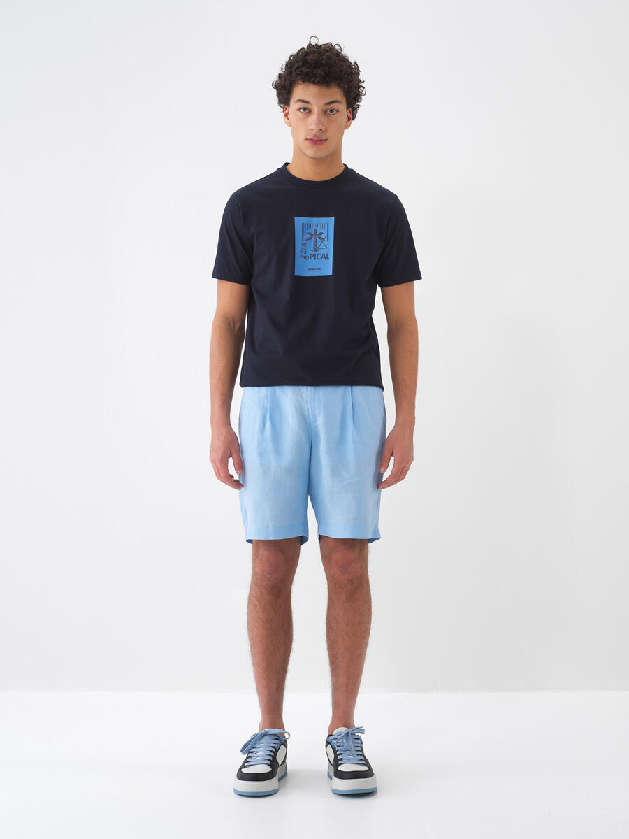 Mavi %100 Keten Regular Fit Şort - 2