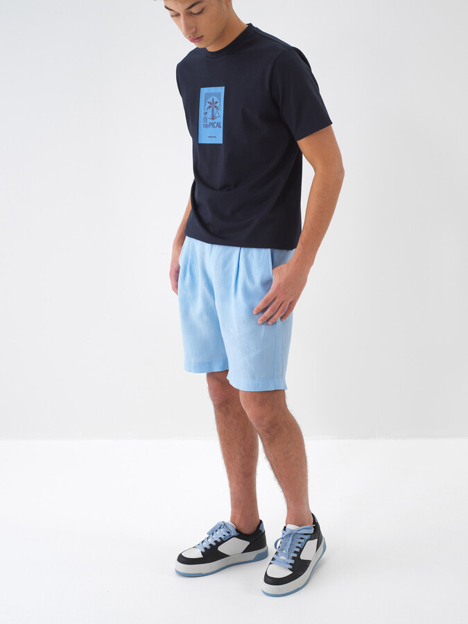 Mavi %100 Keten Regular Fit Şort